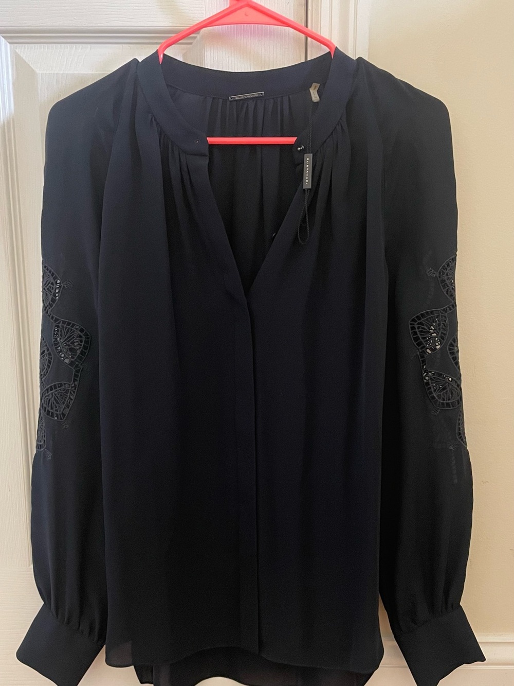 Elie Tahari Navy Blue Long-Sleeve Blouse with Embroidered Sleeve Panels